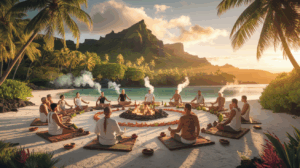 Cercle de guérison polynésien traditionnel avec participants en méditation sur la plage de Raiatea au coucher du soleil, entourés d'éléments sacrés