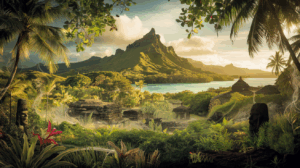 Vue panoramique mystique de la vallée sacrée de Tepuhapa à Raiatea avec végétation tropicale luxuriante, marae polynésiens anciens et plantes médicinales traditionnelles
