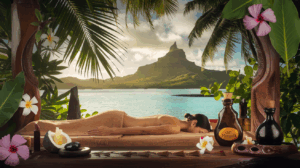 Massage Taurumi traditionnel tahitien à Raiatea avec huiles de monoï et décor tropical authentique