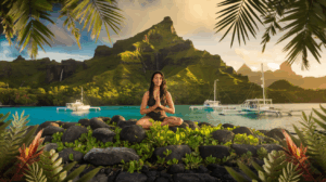 Naïki en méditation sur un marae sacré à Raiatea, entourée de montagnes verdoyantes et du lagon turquoise, illustrant l'expérience sensorielle et culturelle polynésienne