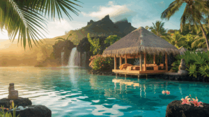 Pavillon de massage traditionnel polynésien sur pilotis dans un lagon turquoise à Raiatea, entouré de végétation tropicale luxuriante et d'éléments spirituels, illustrant le bien-être holistique en Polynésie française