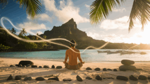 Personne pratiquant le breathwork polynésien sur une plage paradisiaque de Raiatea avec des flux d'énergie mana dorée et le mont Temehani en arrière-plan