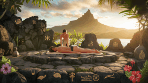 Cérémonie de guérison polynésienne traditionnelle sur marae ancien avec praticien Tahuan effectuant massage Taurumi rituel à Raiatea