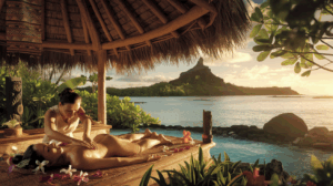 Massage traditionnel tahitien Taurumi sur l'île sacrée de Raiatea avec plantes médicinales polynésiennes et vue sur le lagon