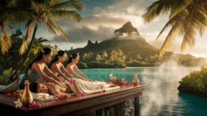 Femmes polynésiennes pratiquant le massage traditionnel Taurumi avec huile de monoï et fleurs de tiaré dans le cadre mystique de l'île de Raiatea en Polynésie française