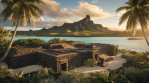 Vue mystique du Marae Taputapuatea à Raiatea, site sacré polynésien entouré de végétation tropicale et du lagon turquoise, illustrant l'immersion culturelle Aroha Expérience