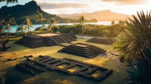 Marae Taputapuatea à Raiatea - site sacré polynésien avec plateformes en pierres volcaniques sous lumière dorée