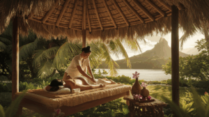 Séance de massage tahitien Taurumi traditionnel dans un pavilion tropical à Raiatea avec thérapeute polynésien, huile de Monoï et ambiance mystique paradisiaque