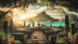 Méditation spirituelle dans un marae polynésien sacré à Raiatea avec énergie mana dorée et végétation tropicale