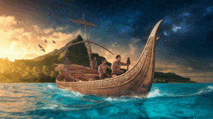 Pirogue polynésienne traditionnelle naviguant depuis Raiatea sous un ciel étoilé avec navigateurs ancestraux pratiquant la navigation stellaire