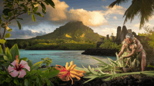 Guérisseur traditionnel polynésien récoltant des plantes médicinales dans l'environnement sacré de Raiatea avec le mont Temehani en arrière-plan