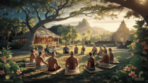 Cercle de partage culturel polynésien dans la vallée mystique de Tepuhapa à Raiatea avec participants apprenant les traditions ancestrales Ma'ohi