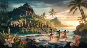 Cérémonie spirituelle polynésienne au marae de Raiatea avec danseurs traditionnels, végétation tropicale et énergie mystique du mana