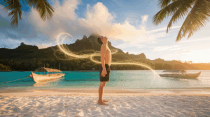 Personne pratiquant la respiration Ha polynésienne sur une plage de Raiatea au coucher de soleil avec énergie mana visible