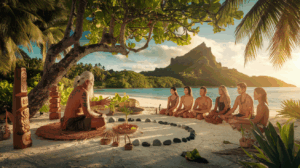 Sage polynésien transmettant les savoirs ancestraux sous un arbre sacré à Raiatea avec vue sur le lagon turquoise