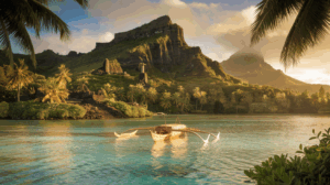 Vue panoramique mystique de Raiatea au coucher du soleil avec pirogue traditionnelle polynésienne sur lagon turquoise et montagnes sacrées - Aroha Expérience témoignages