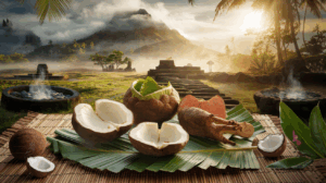 Aliments traditionnels polynésiens taro et painfruit disposés sur natte traditionnelle avec paysage mystique de Raiatea en arrière-plan