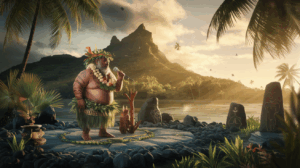 Orateur polynésien traditionnel racontant des légendes sur un marae sacré à Raiatea au coucher du soleil, ambiance mystique et spirituelle