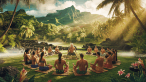 Cercle de guérison communautaire polynésien traditionnel avec participants en méditation dans la nature sacrée de Raiatea, énergie spirituelle du mana visible