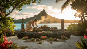 Cérémonie d'offrandes polynésiennes au marae sacré de Raiatea avec tahu'a déposant fruits tropicaux sur autel en pierres volcaniques
