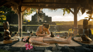 Cérémonie traditionnelle de tatau polynésien avec maître tatoueur utilisant des outils ancestraux sous un marae sacré à Raiatea, entourée de végétation tropicale et d'éléments culturels polynésiens authentiques