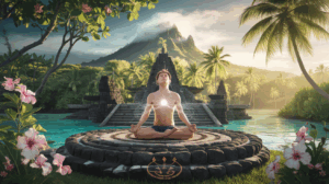 Personne pratiquant la respiration consciente sur un marae de Raiatea pour la guérison holistique corps-esprit