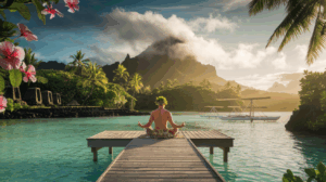 Personne en méditation sur ponton face au lagon de Raiatea avec végétation tropicale et mont Temehani mystique en arrière-plan