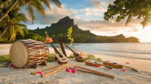 Instruments de musique traditionnelle polynésienne - pahu, to'ere, vivo et ukulélé - arrangés sur une plage de Raiatea avec montagnes sacrées en arrière-plan, lumière dorée et ambiance mystique