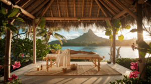 Pavillon de massage tahitien traditionnel à Raiatea avec huile de monoï, fleurs tropicales et vue sur lagon polynésien