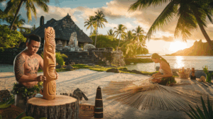 Artistes polynésiens traditionnels de Raiatea sculptant et tissant dans un cadre mystique avec le marae sacré Taputapuatea en arrière-plan