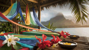 Espace de massage polynésien traditionnel avec fleurs de tiaré, tissus colorés et paysage mystique de Raiatea