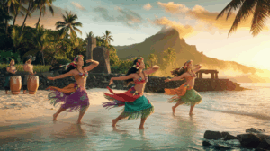 Danseuses polynésiennes en costumes traditionnels pratiquant le 'ori tahiti sur une plage de Raiatea au coucher du soleil, avec des marae anciens et une végétation tropicale luxuriante en arrière-plan