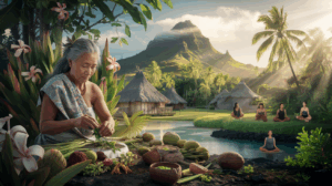 Femmes guérisseuses polynésiennes préparant des remèdes traditionnels avec des plantes médicinales dans le cadre paradisiaque de Raiatea