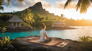 Méditation bien-être sur l'île sacrée de Raiatea avec vue sur lagon turquoise et éléments traditionnels polynésiens