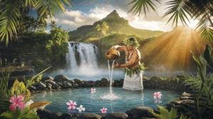 Guide spirituel polynésien effectuant un rituel de purification à l'eau sacrée près d'une cascade à Raiatea