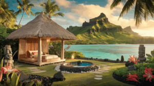Spa traditionnel polynésien à Raiatea avec pavillon de massage naturel, lagon turquoise et montagne tropicale dans une atmosphère mystique dorée